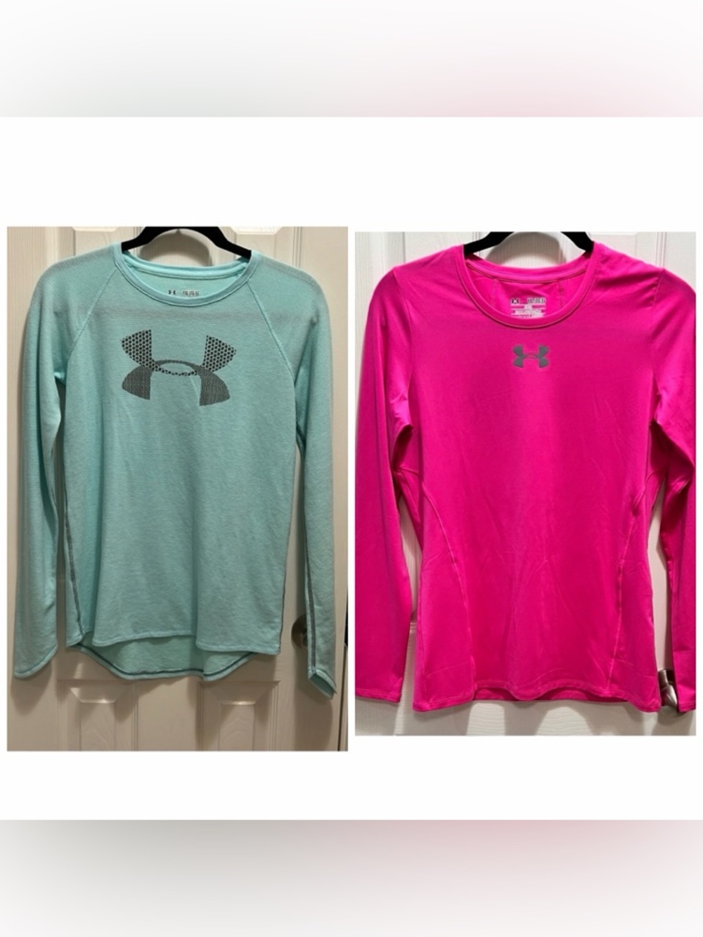 Under Armour Girls' Long Sleeve Performance Tops in Mint and Hot Pink